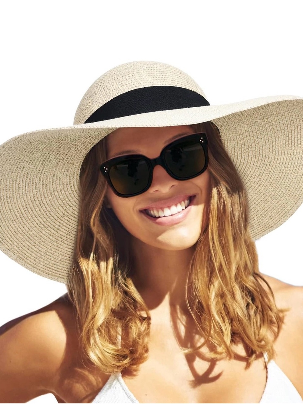 Wide Brim Sun Hat with Black Band - Cream